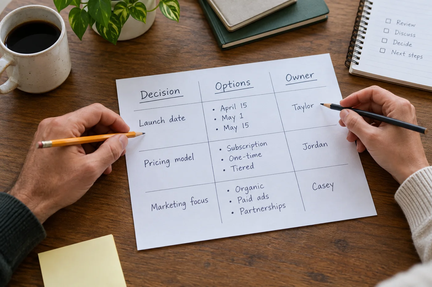 Illustrative example: Meeting agenda with decisions, options and ownership.