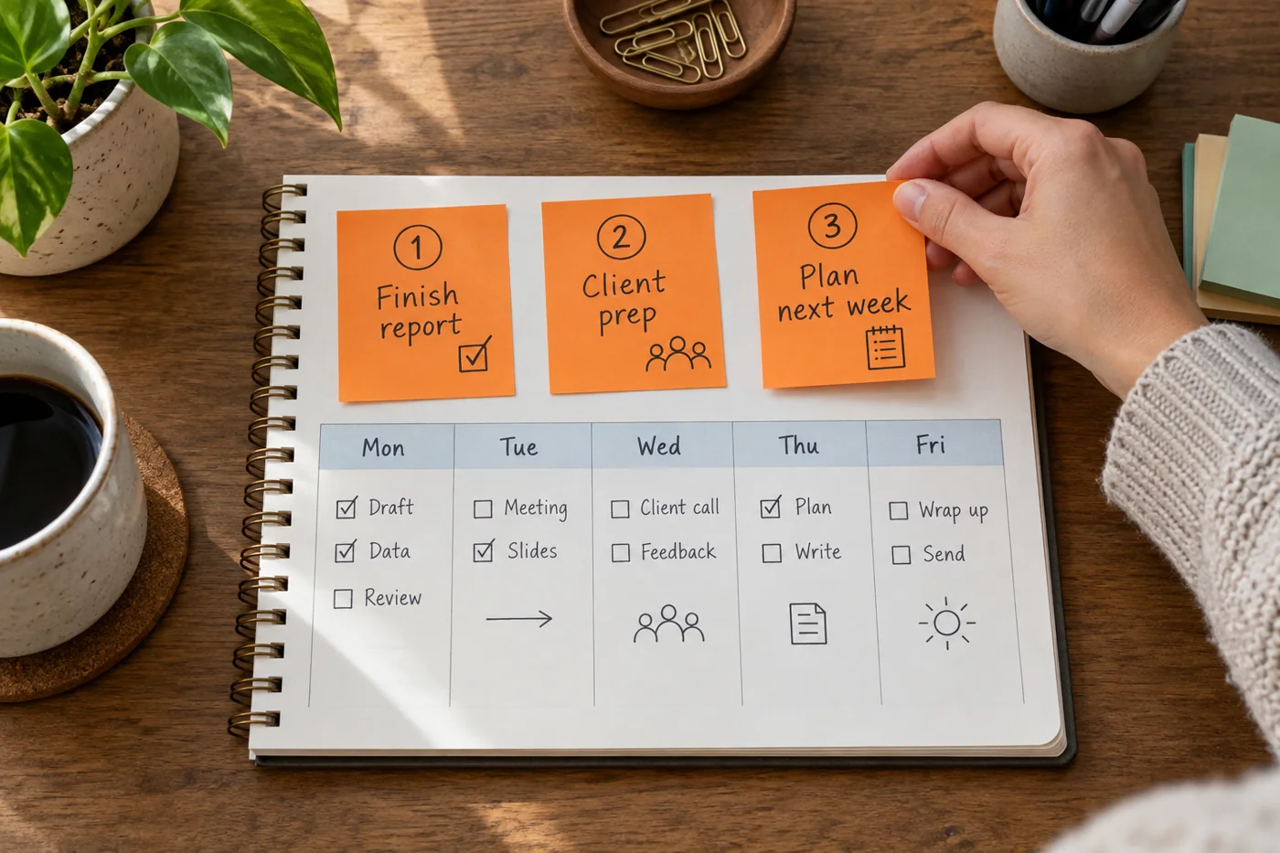 Illustrative example: Weekly plan with three numbered priorities.