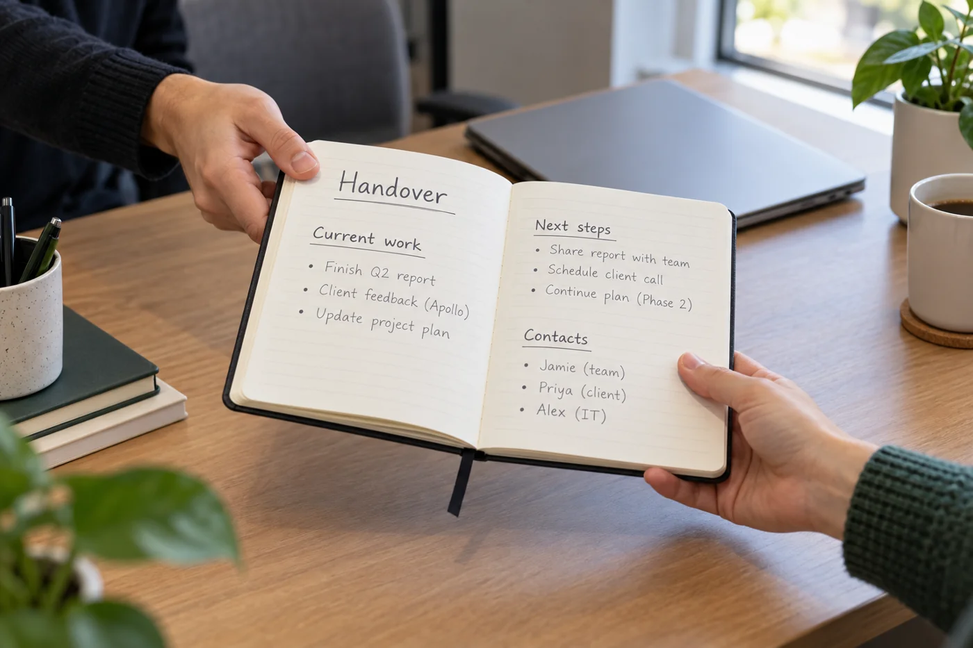 Illustrative example: Handover notes with current work and next steps.
