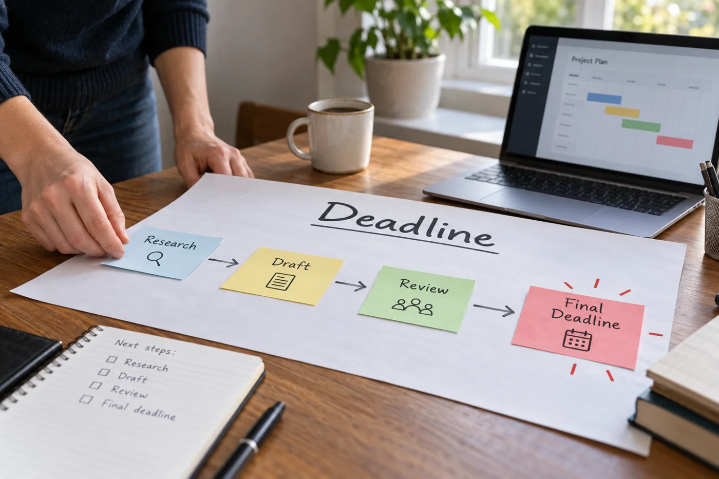 Illustrative example: Steps planned backwards from a deadline.