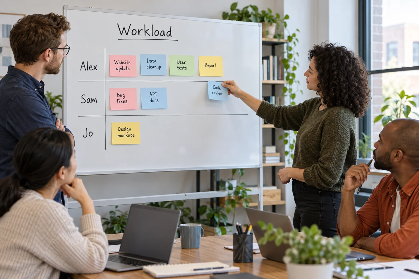 Illustrative example: Team workload board with differing task counts per person.