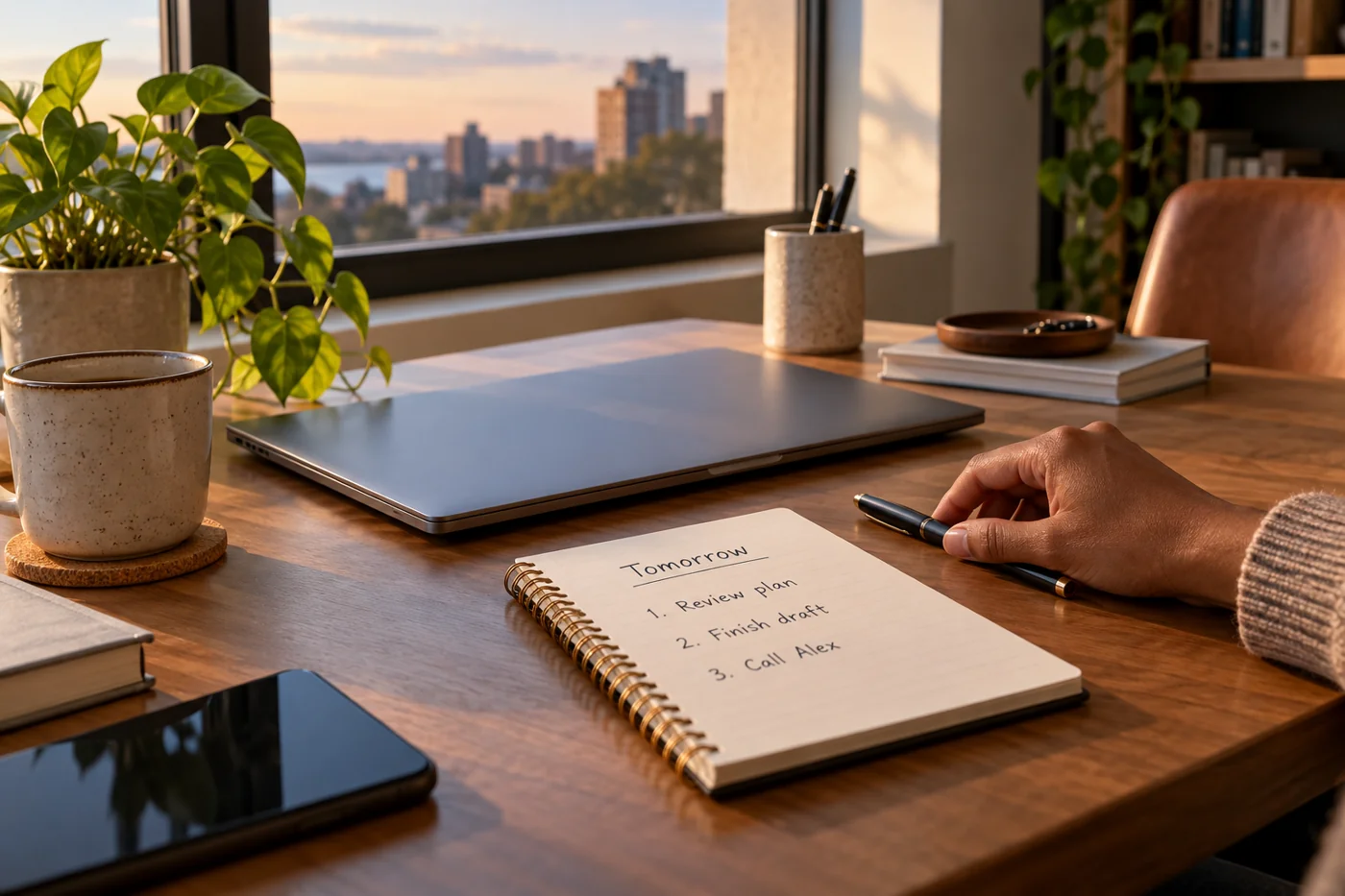 Illustrative example: Next-day note beside a closed laptop.