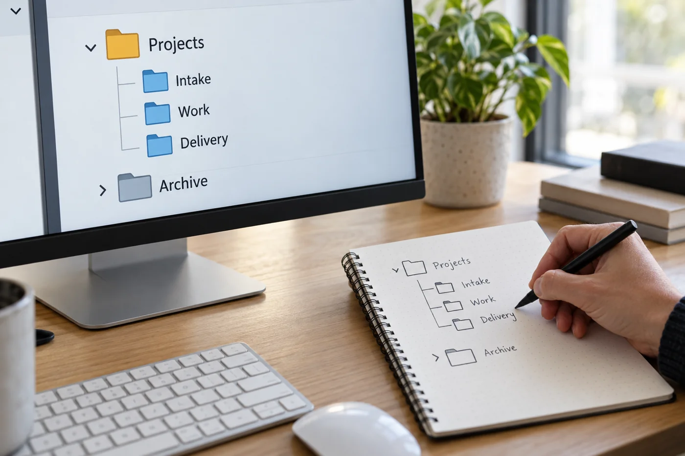 Illustrative example: Folder structure by work stages on screen and paper.