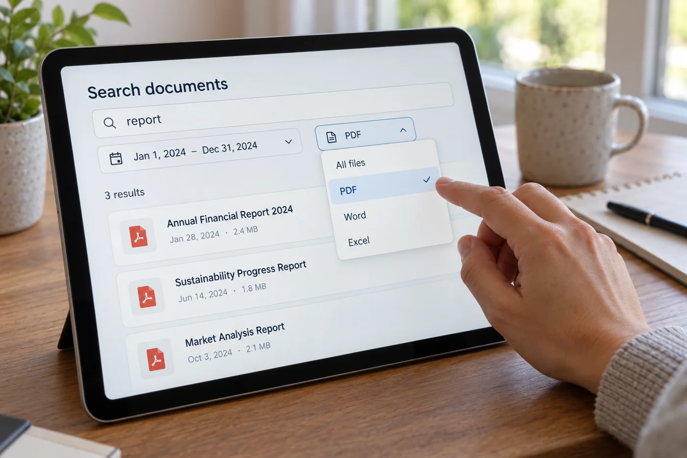 Illustrative example: Document search using a keyword, date and file type.