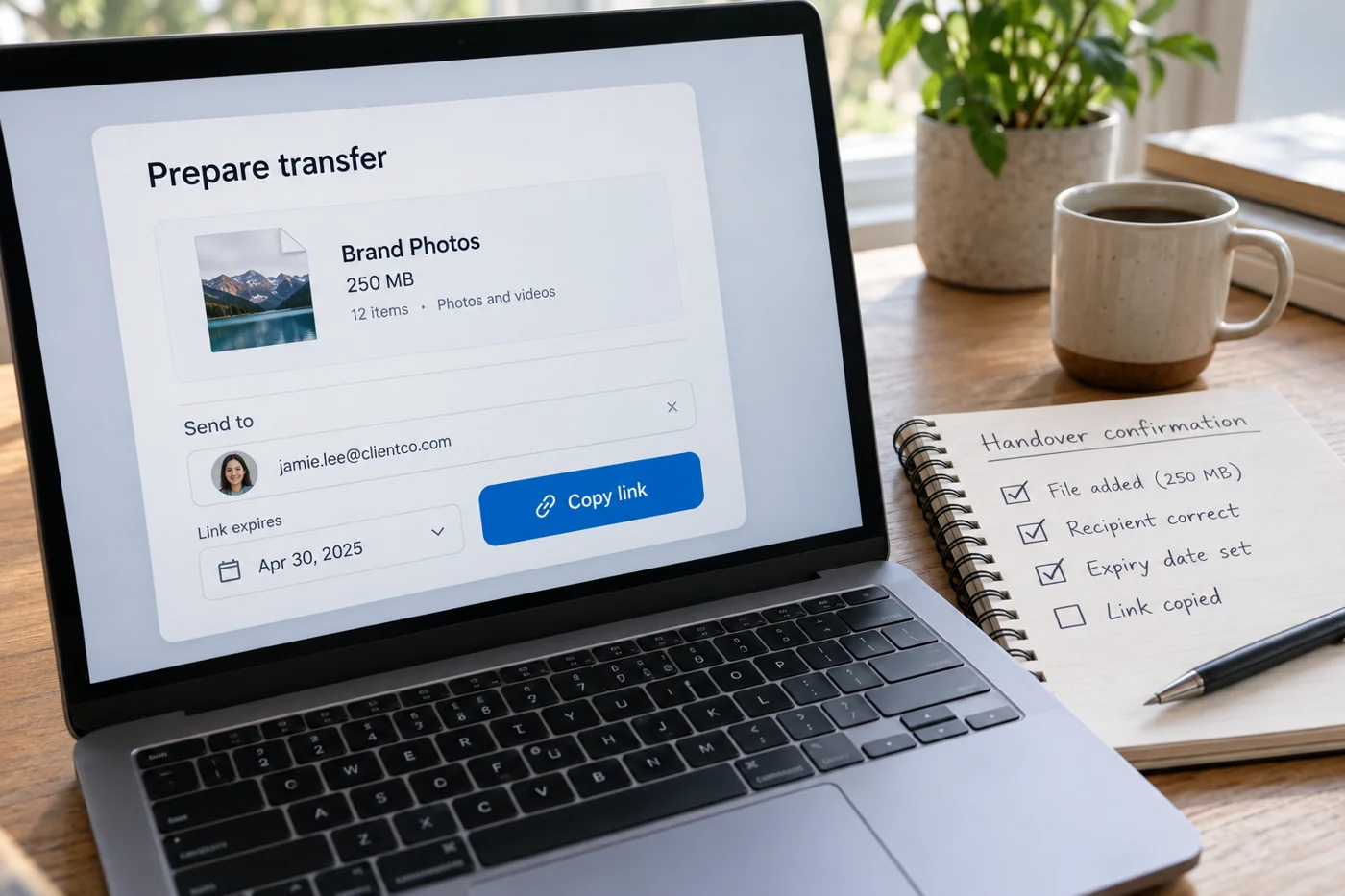 Illustrative example: Large-file sharing link with handover details.