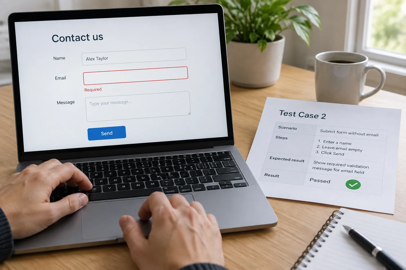 Illustrative example: Contact form with a highlighted input error and test case.