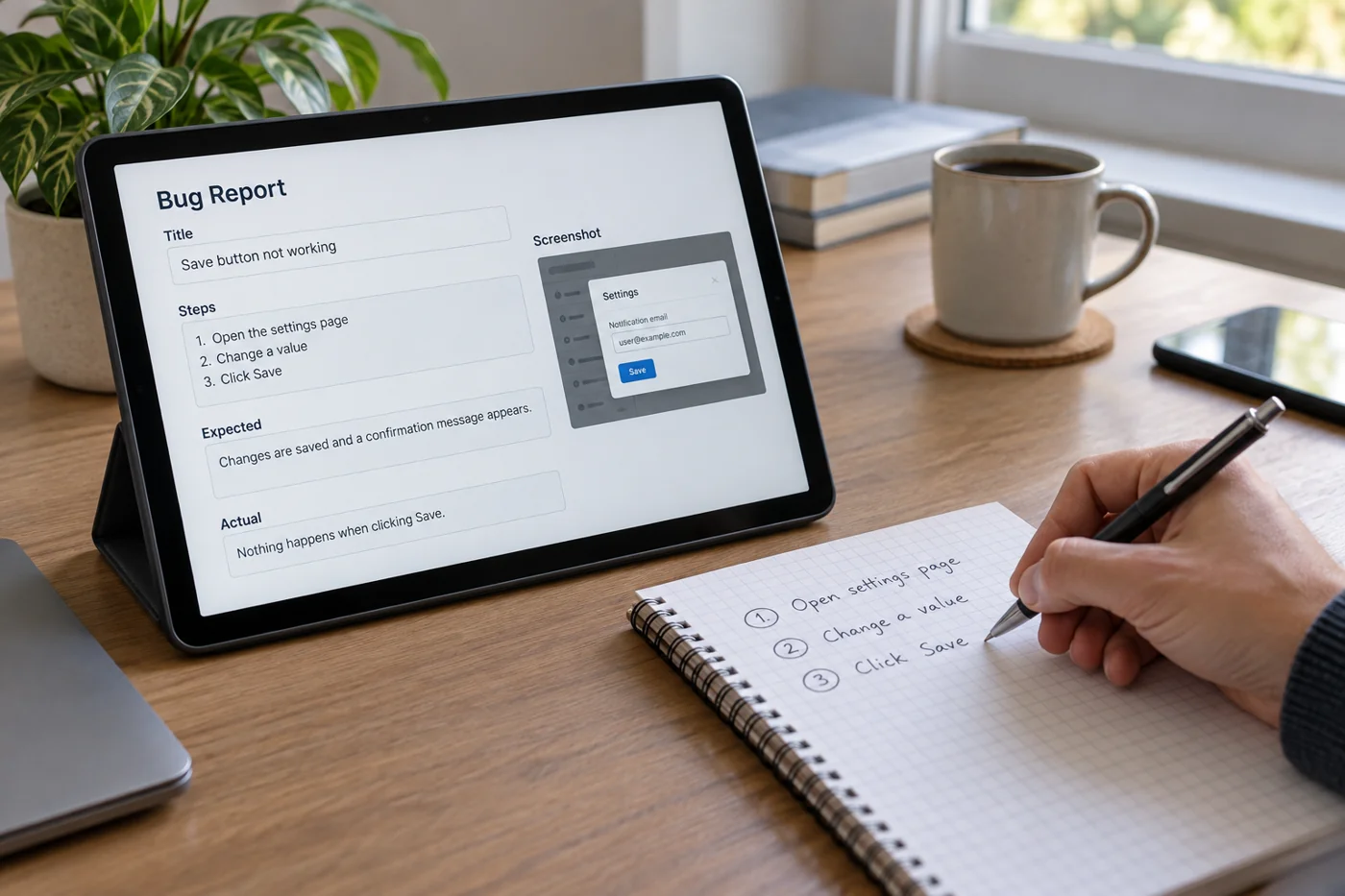 Illustrative example: Bug report with steps, expected and actual results.