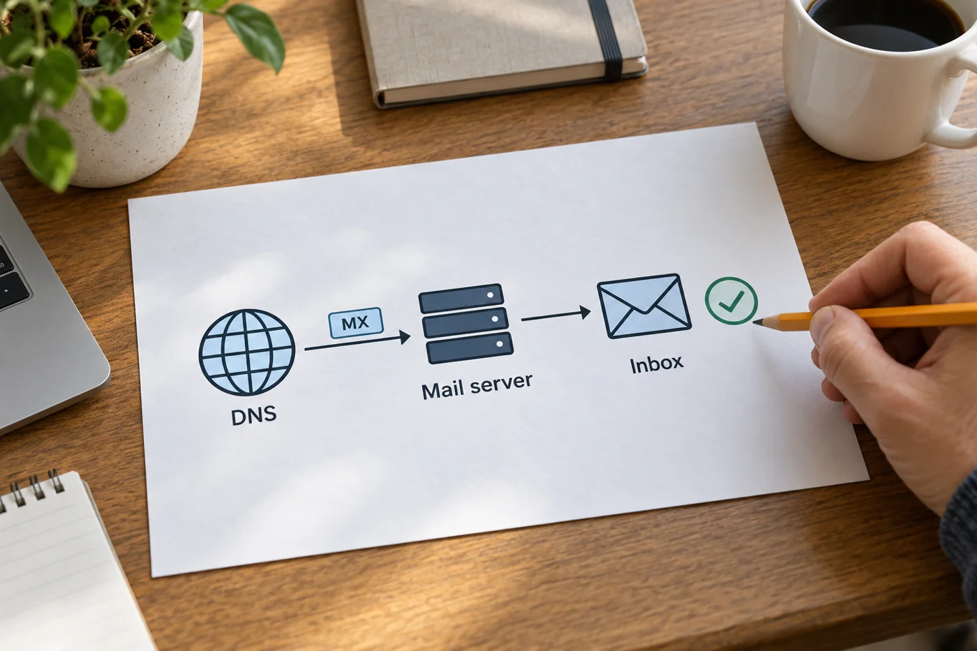 Illustrative example: MX routing and actual email delivery shown as separate steps.