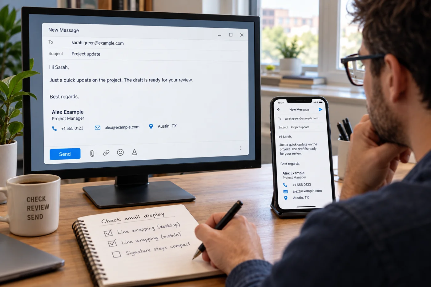 Illustrative example: Checking an email signature on large and small screens.