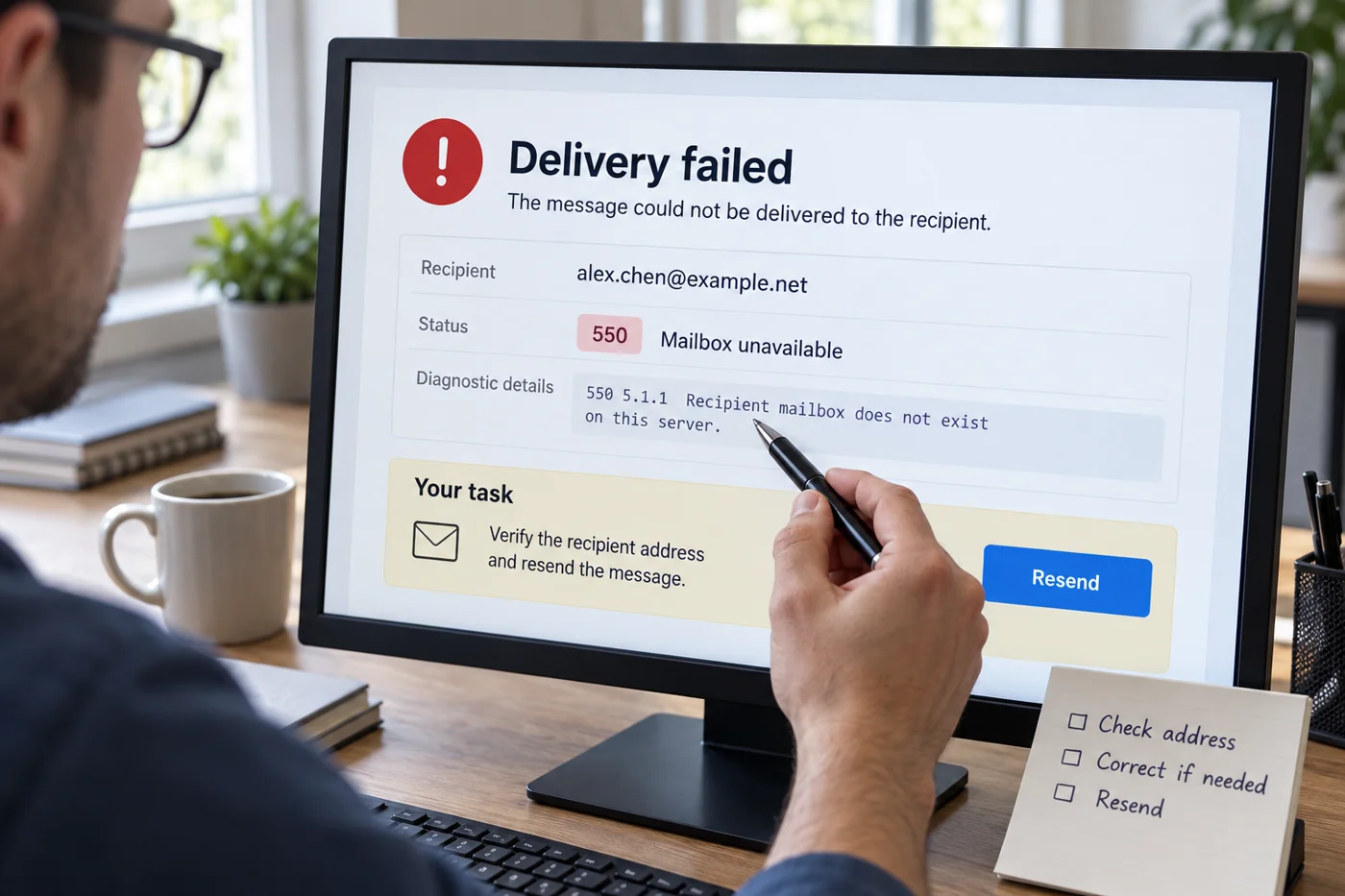 Illustrative example: Delivery failure notice with a highlighted diagnostic detail.