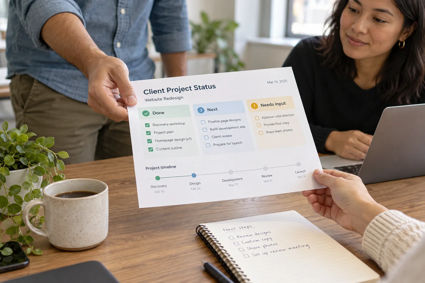 Illustrative example: Project status with completed items and next steps.