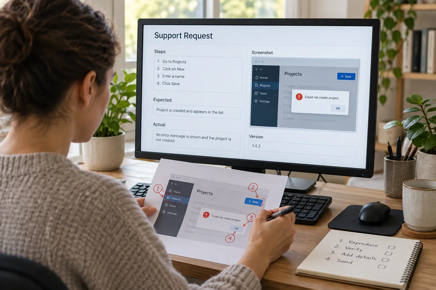 Illustrative example: Support request with reproducible steps and version details.